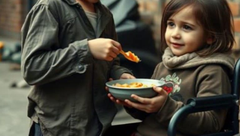 Il padre osserva un senzatetto dare da mangiare a sua figlia in sedia a ...